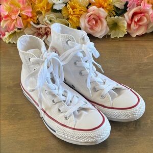 Converse White High Top Sneakers with Red and Blue Stripe